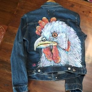 Denim jacket with handpainted chicken artwork